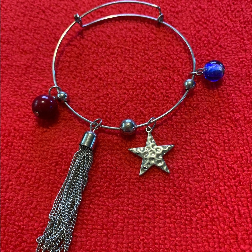 Silver Star Tassel Charm Bracelet - Red and Blue Beads